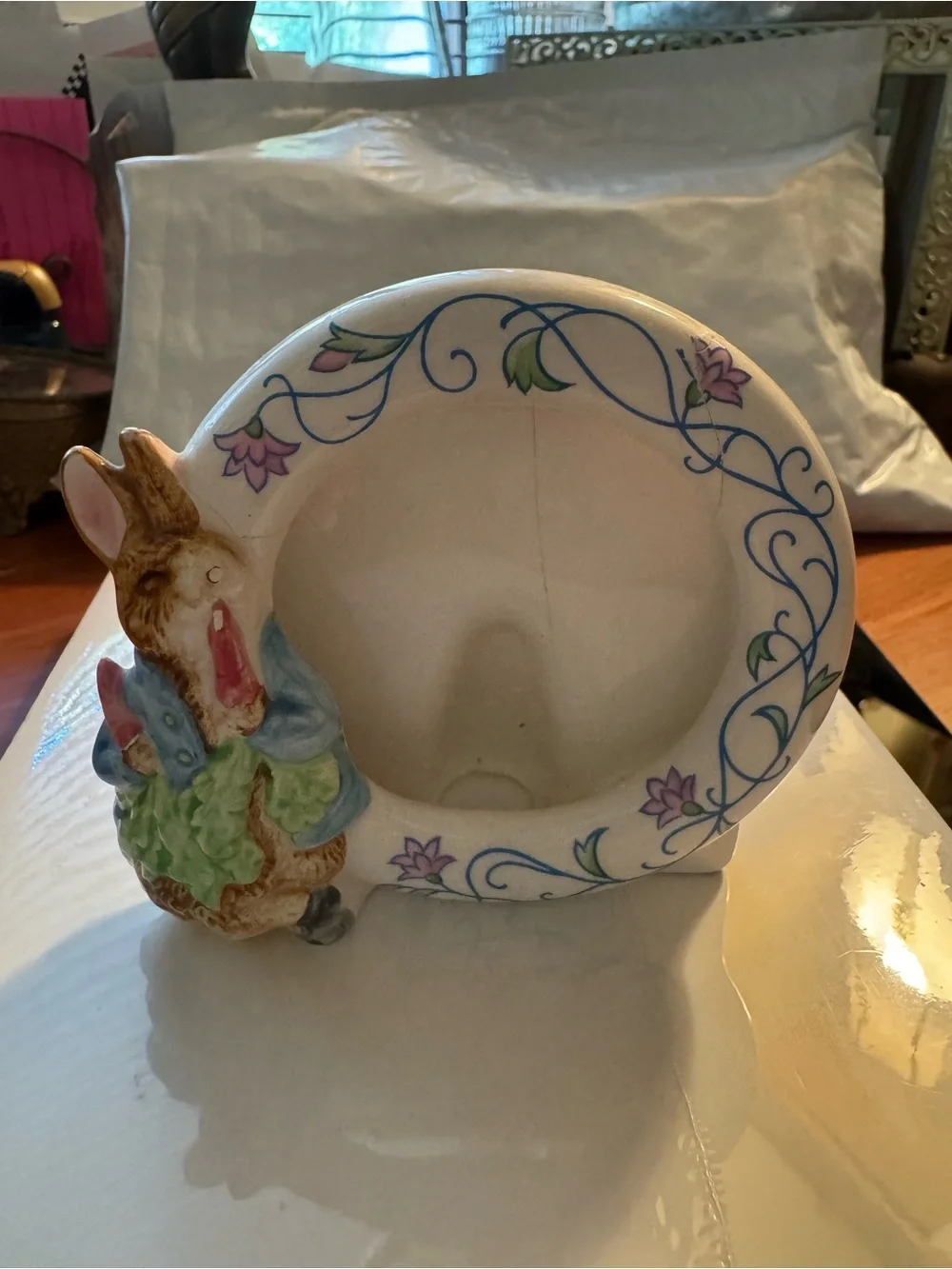 Hand-Painted Ceramic Peter Rabbit photo framewith Floral Scrolls